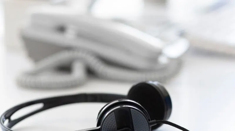 A headset resting on a desk beside a keyboard