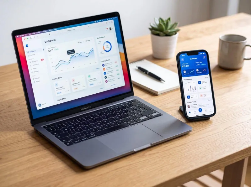 A laptop and phone showing a business dashboard on a desk